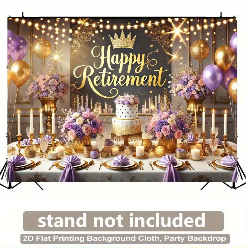 Elegante Ruhestand-Kulisse, Raffinierte Schwarz-, Lila- und Gold-Party-Szene mit Krone, Lichtern und Ballons, Festliche Luxus-Wanddekoration