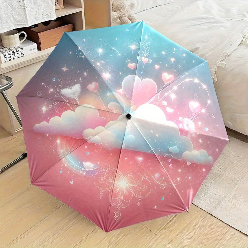 Automatic Open/Close Folding Umbrella with Gradient Blue to Pink Hearts, Clouds & Stars Design - 8-Rib Compact Travel Umbrella