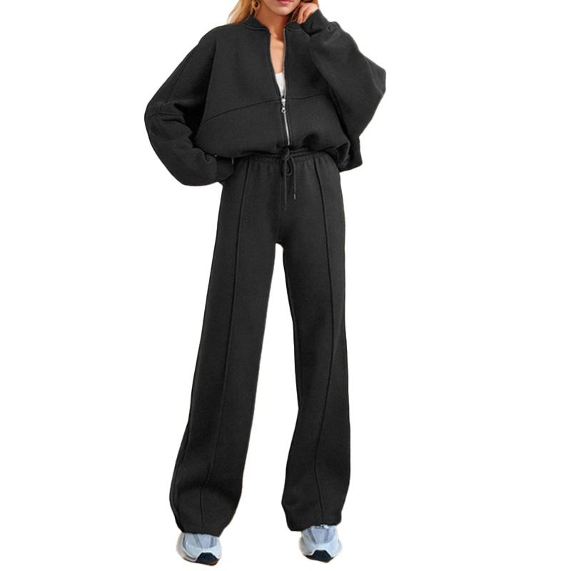 2026 Women's Spring New, Amazon Cross-border Europe and the United States, Fashionable Solid Color Sports Style Zipper Sweater Set