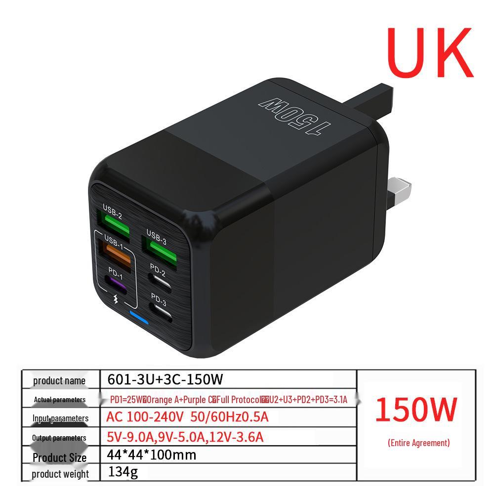 150W 6-in-1 Multi-Port Charger: 3 USB & 3 PD Ports, 5V 3.1A Fast Charging