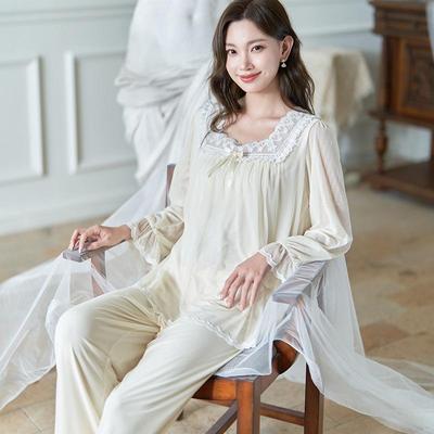 Pijamale Retro Stil Prințesă din Dantelă pentru Femei - Set cu Mânecă Lungă din Plasă Primăvară/Vară