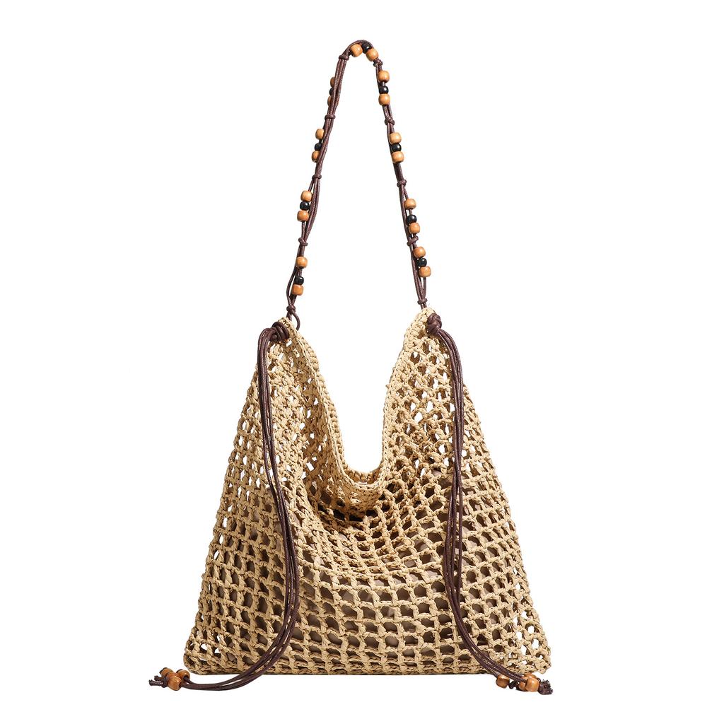 Women's Bag 2025 New Summer Beaded Woven Beach Tote Bag Large Capacity Hollow Straw Shoulder Bag Wholesale