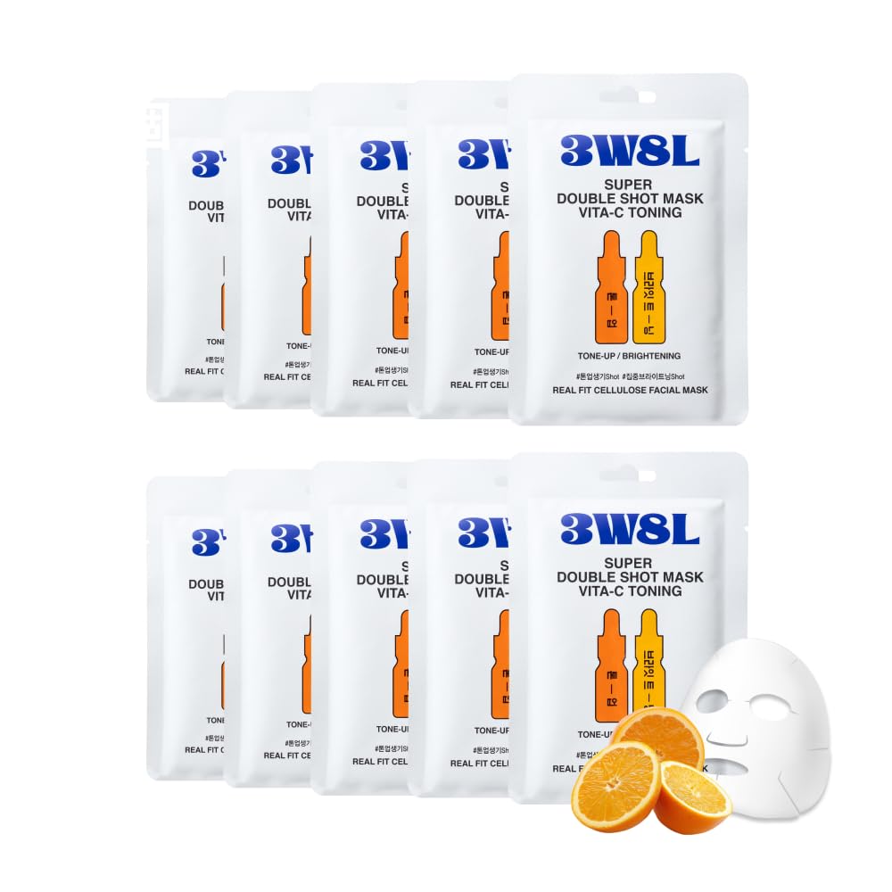 3W8L Super Double Shot Vita C 1 Sheet X 10 Face Vitamin Highly Korean Cosmetics Mask, Toning, Pack, Mask, C, Tone-up, Glow, Texture, Moisturizing,