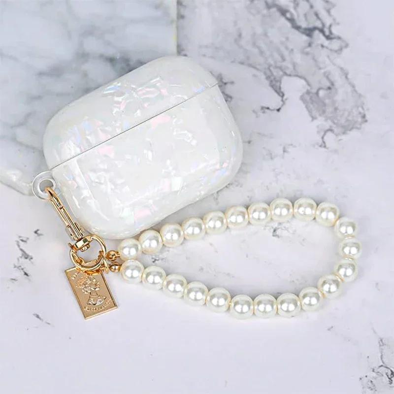Funda Bonita para AirPod Ins Patrón de Concha Deslumbrante con Cadena de Muñeca de Perla Funda Bluetooth Inalámbrica Compatible con Funda AirPods Pro