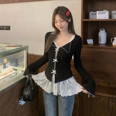 Korean Style Low-neck Bow Hollow Design Long-sleeved Women's Fall and Winter Layered Lace Vest Bottoming Top