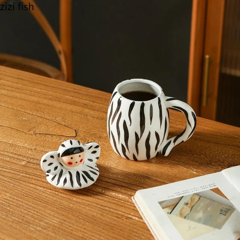Hand Drawn Ceramic Mug with Lid Milk Tea Cup Water Cups Afternoon Tea Cup Coffee Cups Milk Mug Juice Mugs Teacup Coffee Mugs