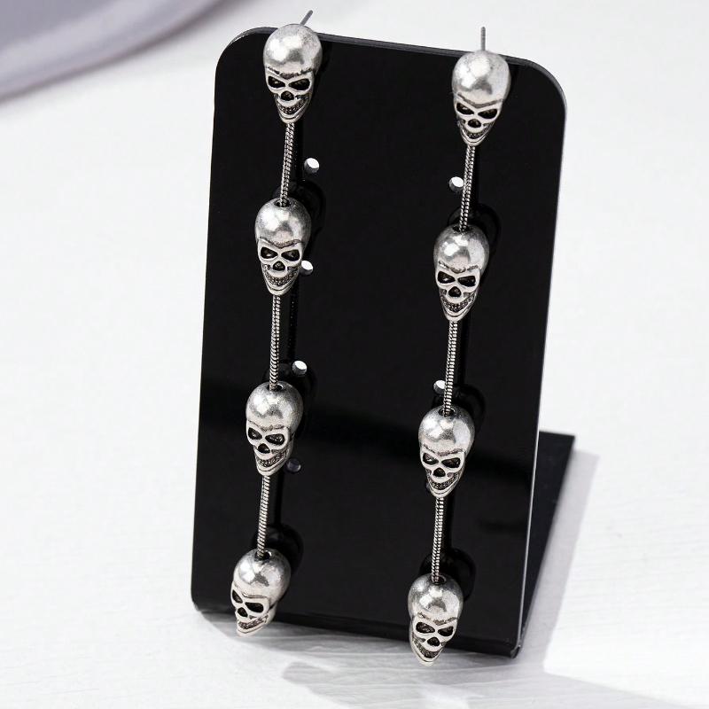 1pair Exaggerated European&American Style Long Tassel Skull Dangle Earrings For Women, Halloween