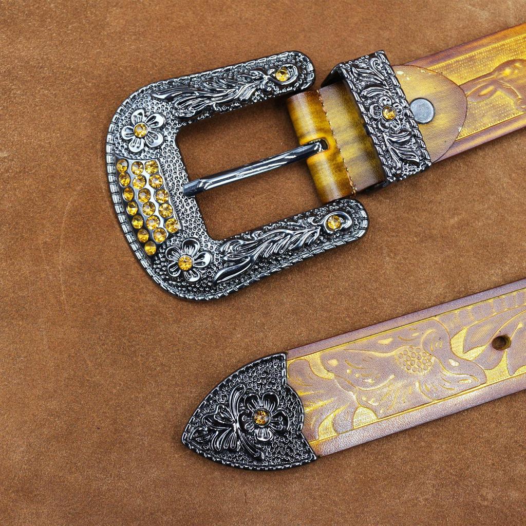 Men's Embossed Western Leather Belt - Retro Oiled Waxed Cowhide with Buckle