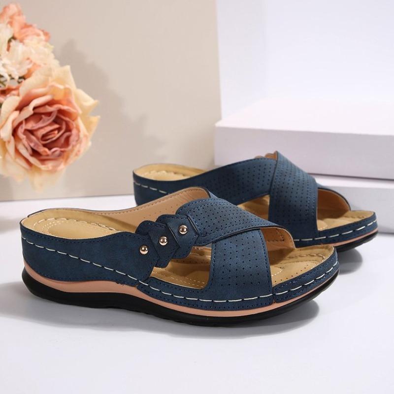 New Slope Heel Flat-bottomed Casual Slippers Women's Cross Strap Solid Color Versatile Shoes