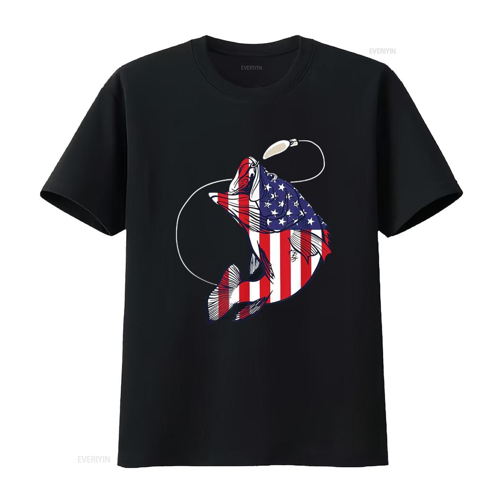 Bassfischen Fisch Amerikanische Flagge Patriotisch Vierter Juli Herren T-Shirt Weiß Vintage Gewaschen Dehnbar Oberteil Für Den Alltag