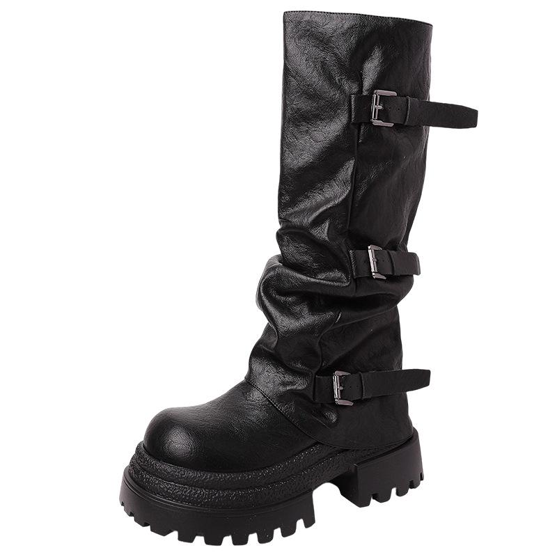 Fashion retro versatile thick heel pleated but knee fashion boots women's 2025 autumn and winter new versatile slim boots
