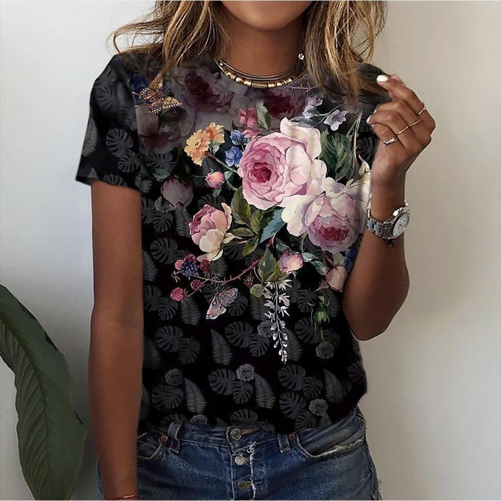 Flower Butterfly T-Shirts Floral 3D Print Women's Short Sleeve Round Neck T Shirt Harajuku Casual Tees Y2k Tops Female Clothing