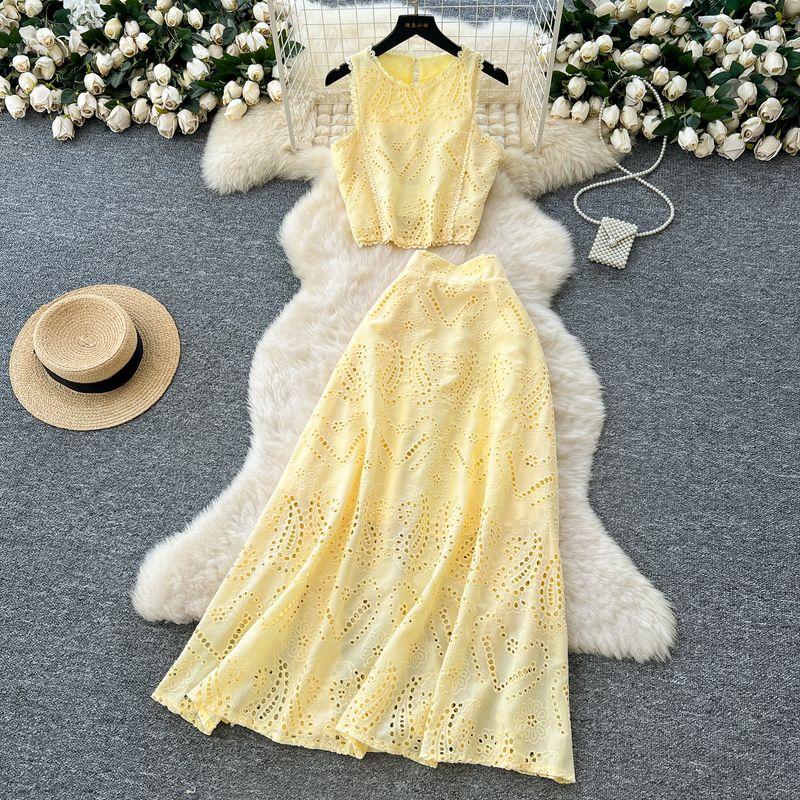 

French style Retro Hollow Crochet Design Set Women Summer Sleeveless Vest Top + High Waist Elastic Big Hemline Skirt Yellow M
