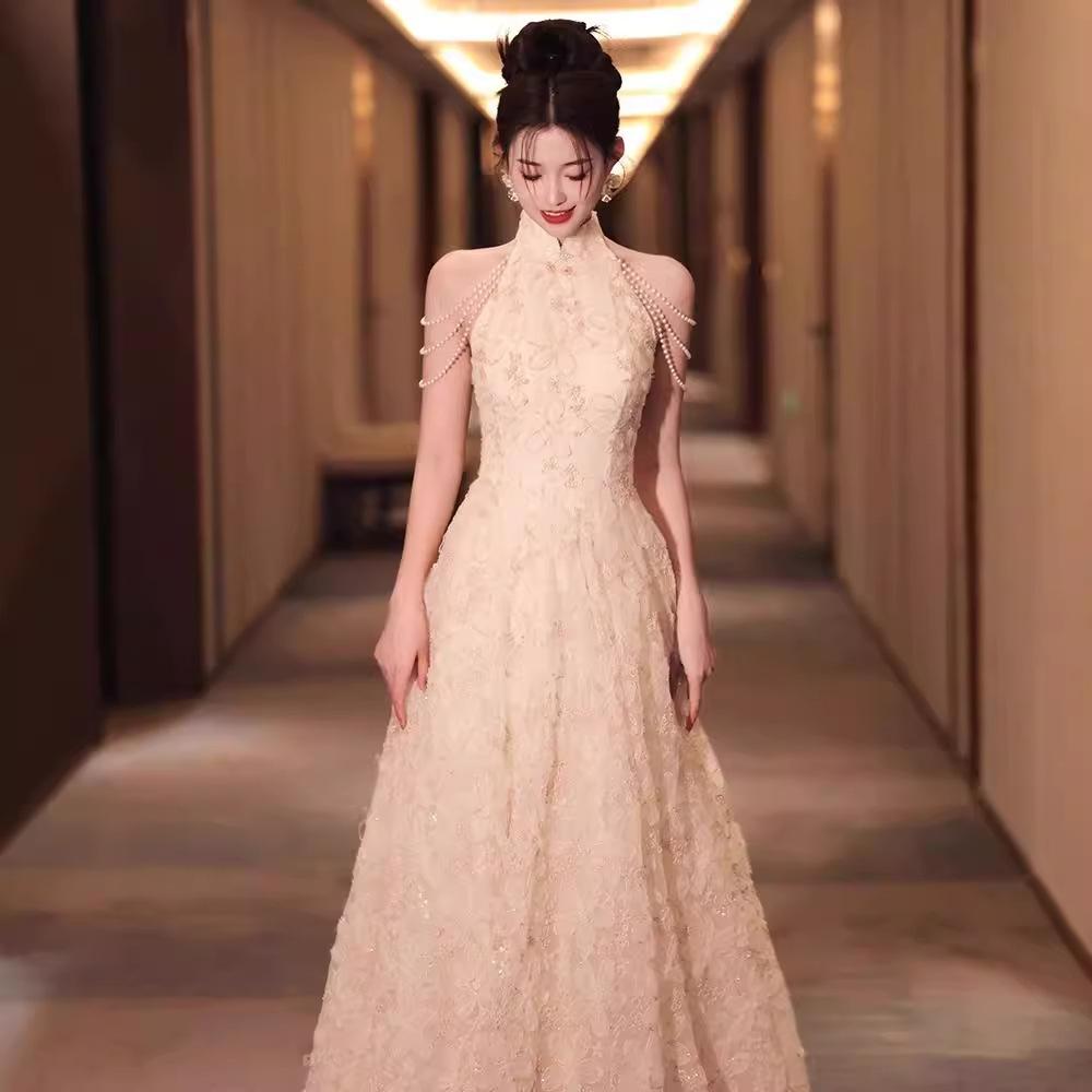 New Chinese-style improved cheongsam flower neck engagement evening dress light luxury niche toast dress bridal return dress