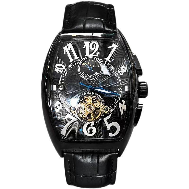 Men's Waterproof Barrel-Shaped Mechanical Leather Watch - Unique Design for Stylish Men
