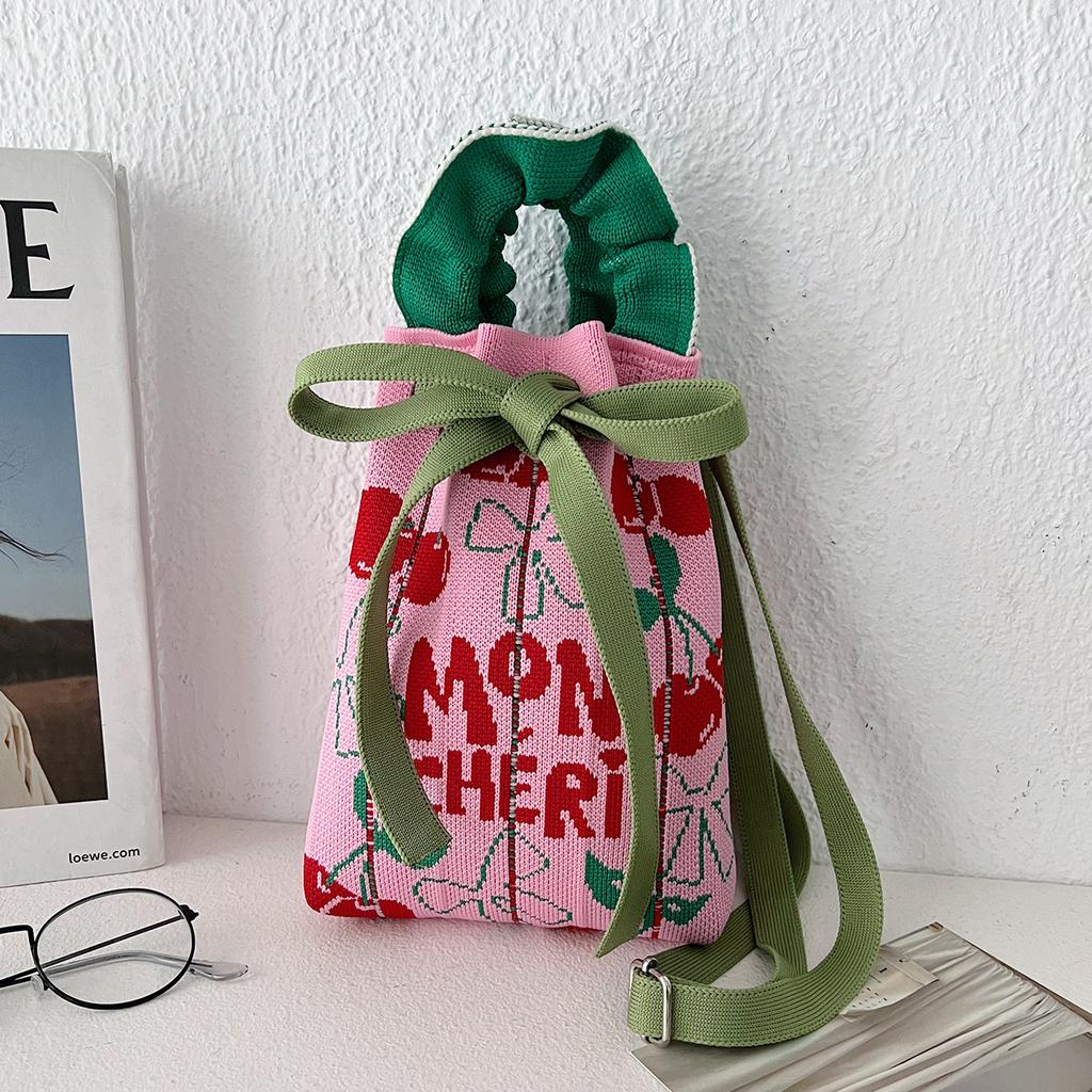 Niche Design Cute Cartoon Knitted Drawstring Bundle Bag Versatile Small Portable Commuter Messenger Handbag