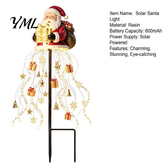 Solar Powered Christmas Decorations Santa Claus Garden Light, LED Holding Gift Box Yard Stake Decorative Pathway Lighting with Cascading String Lights