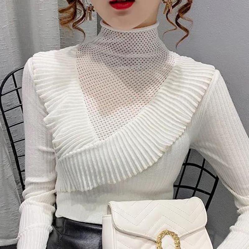 Potargany sweter z półgolfem damski jesienno-zimowa odzież koronkowy styl samo-uprawa Hollow dzianina najniższa koszula Top