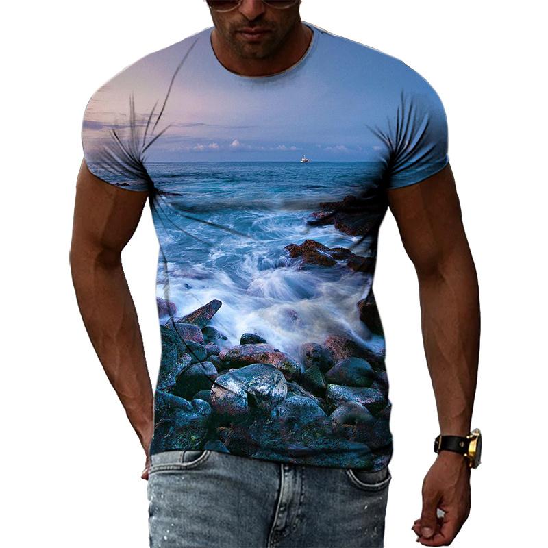 Ocean Wave Pattern T-Shirts Summer Fashion Beach Short Sleeve 3d Printed Top Loose Casual Round neck Holidaywear Mens Tees