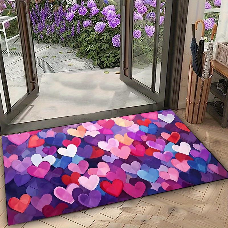 Watercolor Heart Area Rug Romantic Colorful Non Slip Floor Mat Valentine's Day Decor Carpet for Living Room Bedroom Light Luxury