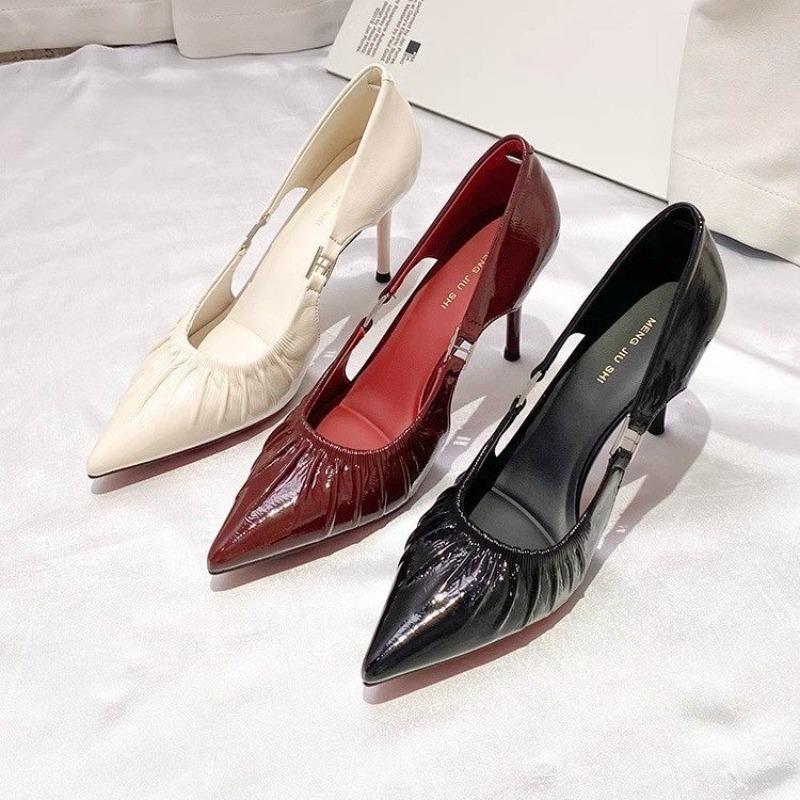 Fashion 2025 New Sexy Women Kitten Heels Pumps Shoes Slingbacks Sandals Leather Pointed Toe Pleated Simple Shoe Office Black Red