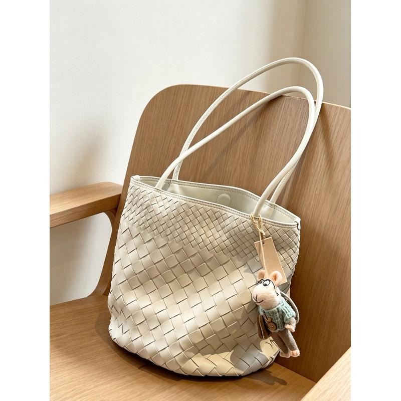 Stylish PU Woven Bucket Bag Women Medium Size Multi-Compartment Magnetic Adjustable Double Strap Urban Casual