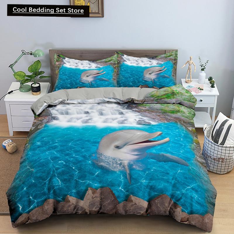 Ocean Dolphin Duvet Cover King Queen Size Cute Dolphin Jumping In The Blue Sea Bedding Set Children 3D Animal Sunset Quilt Cover