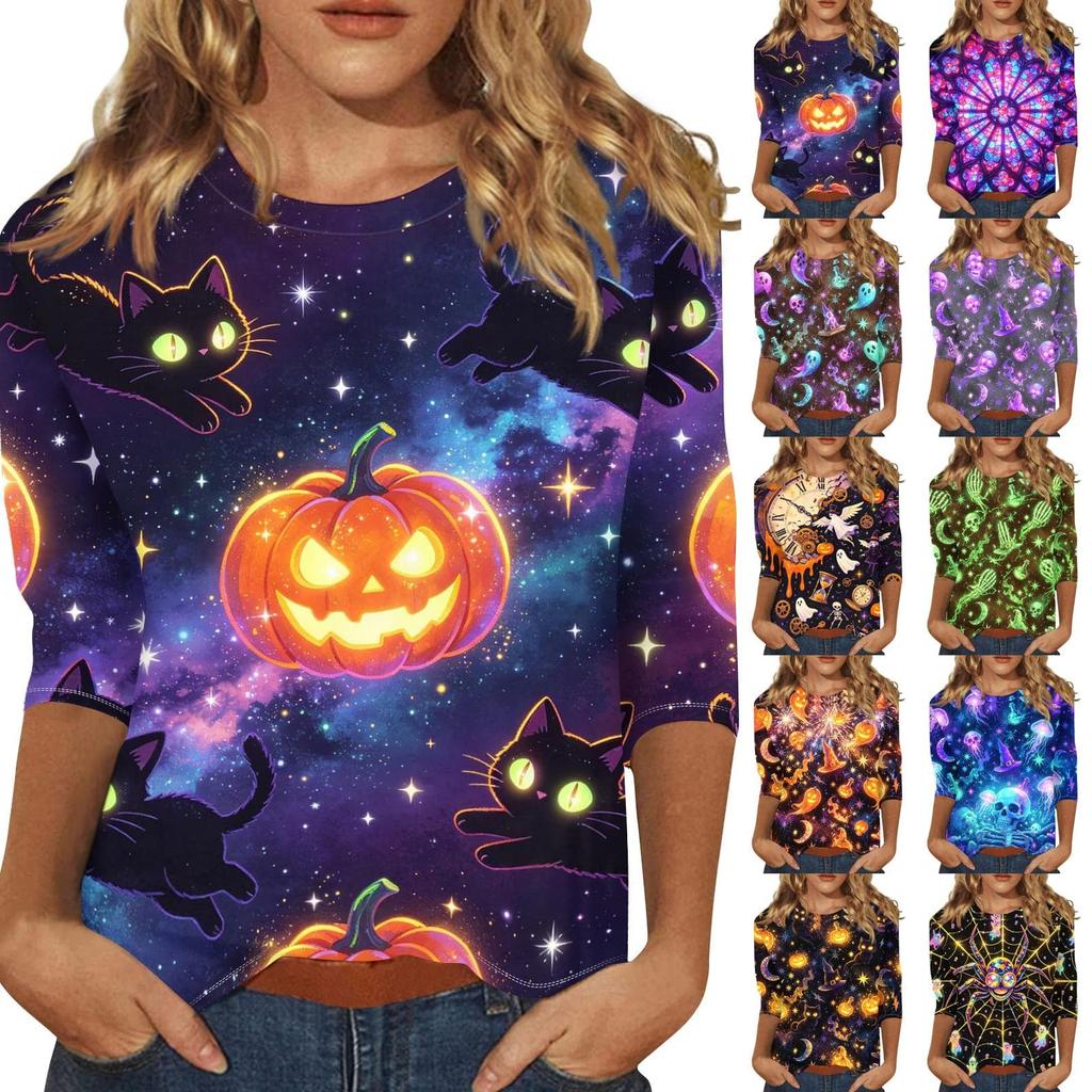 Women's Casual Halloween Print Three Quarter Sleeve Round Neck Top Lightweight Comfortable Fit for Everyday Wear