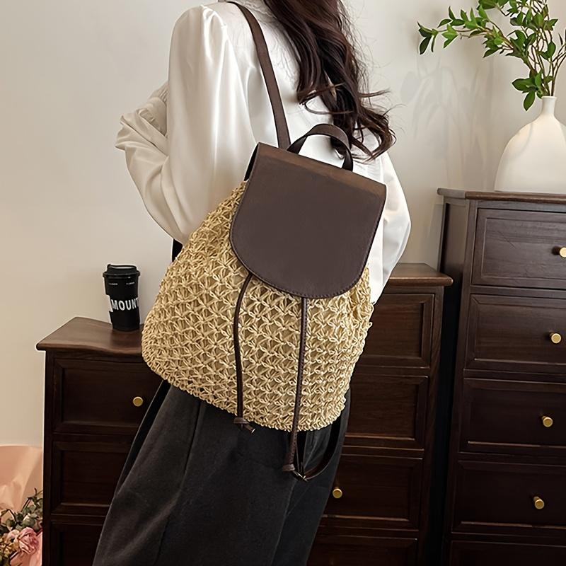 Woven Straw Backpack Drawstring Flap Small Backpack