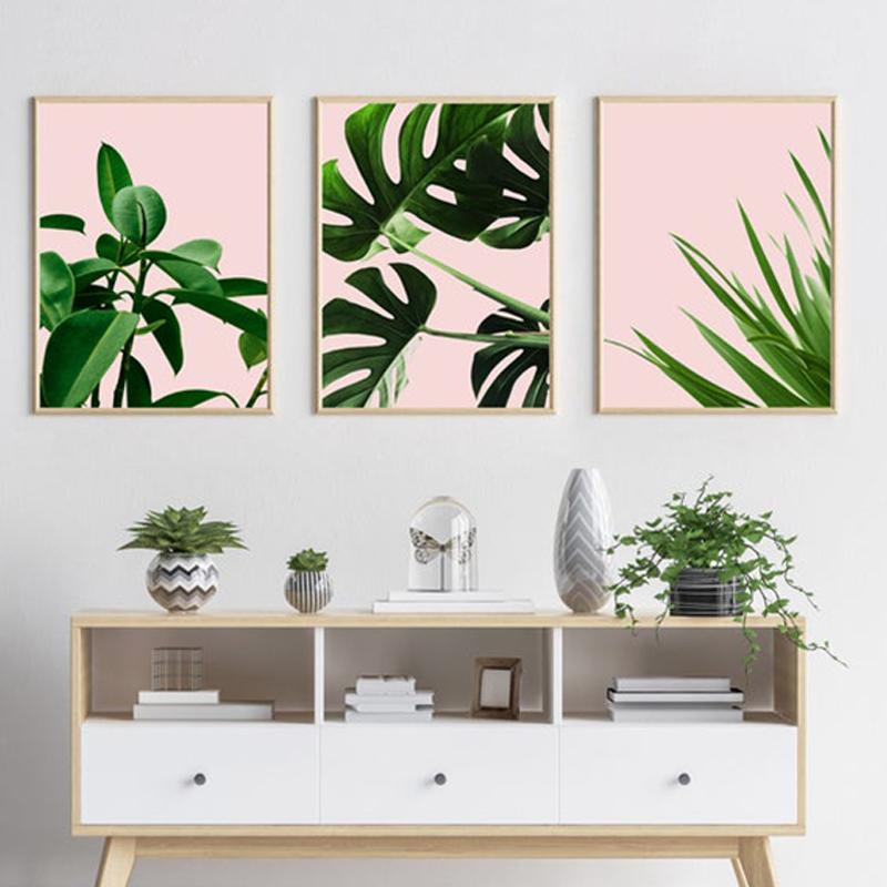 Minimalist Canvas Painting Tropical Leaves Print Nature Poster Green Fresh Pink Wall Art Decorative Pictures for Living Room