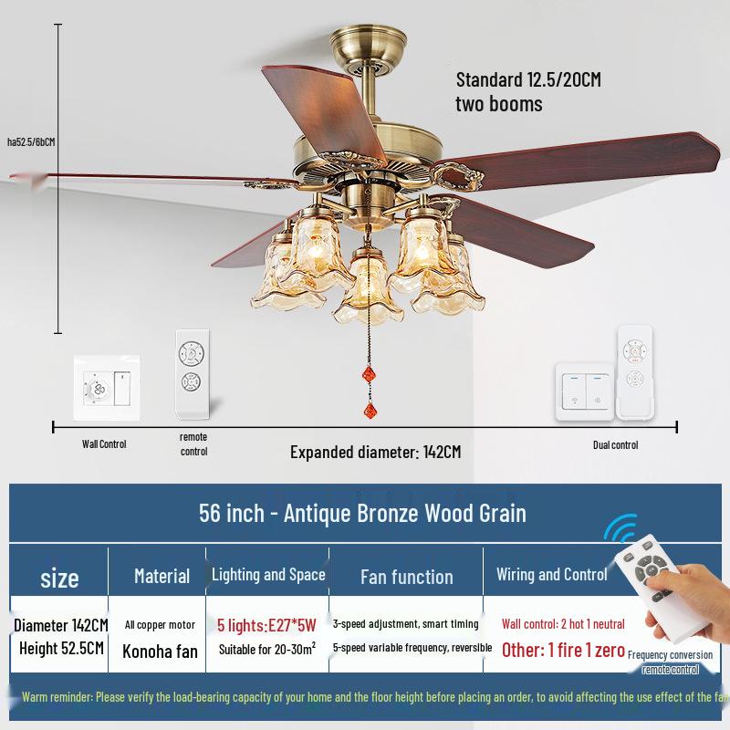 Mid-Century European Retro Ceiling Fan Light with Iron Blades - Variable Frequency High Airflow for Living Rooms or Restaurants.