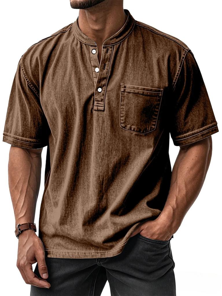 Men's Light Blue Short Sleeve Henley Shirt with Chest Pocket