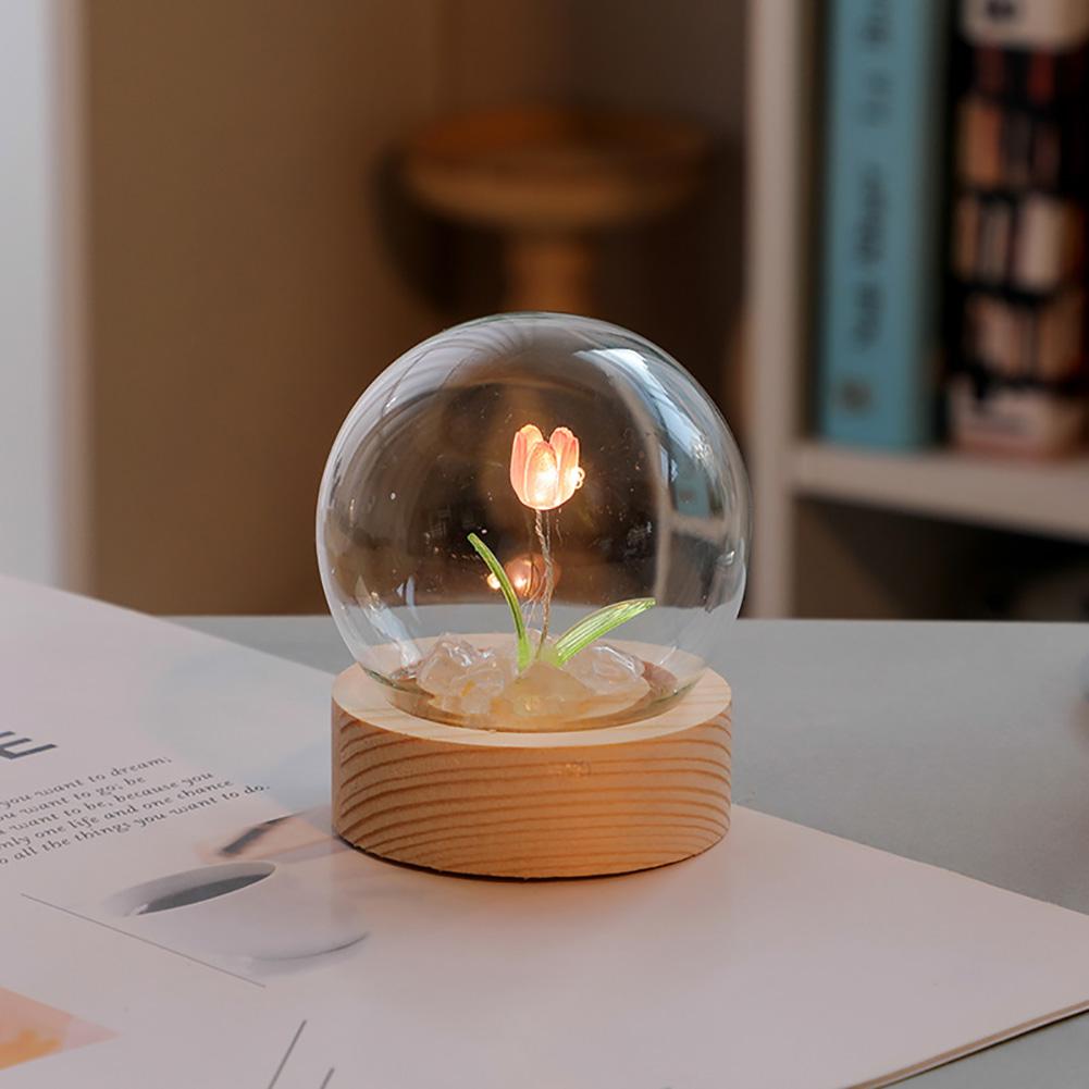 Tulip Flower Night Light With Glass Cover Handmade DIY Bedside Light LED Night Lamp Table Desk Lamp Bedroom Decor USB Mood Light