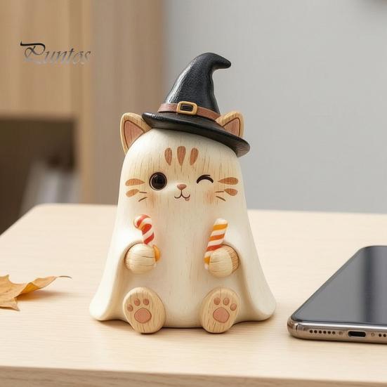 Regalo Único para Ella Decoración de Halloween Gato Bruja Vintage, Pequeña Figura de Madera Retro Granja Repisa, Mesa Estantería, Decoración de Escritorio