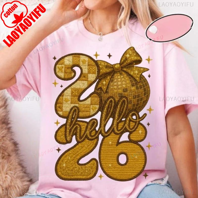 DTF Faux Yarn Happy Trendy New Years Eve Pink Teal Sequins Glitter Coquette Bow Design Hello 2026 Crewneck Tops Tee Shirt Short S