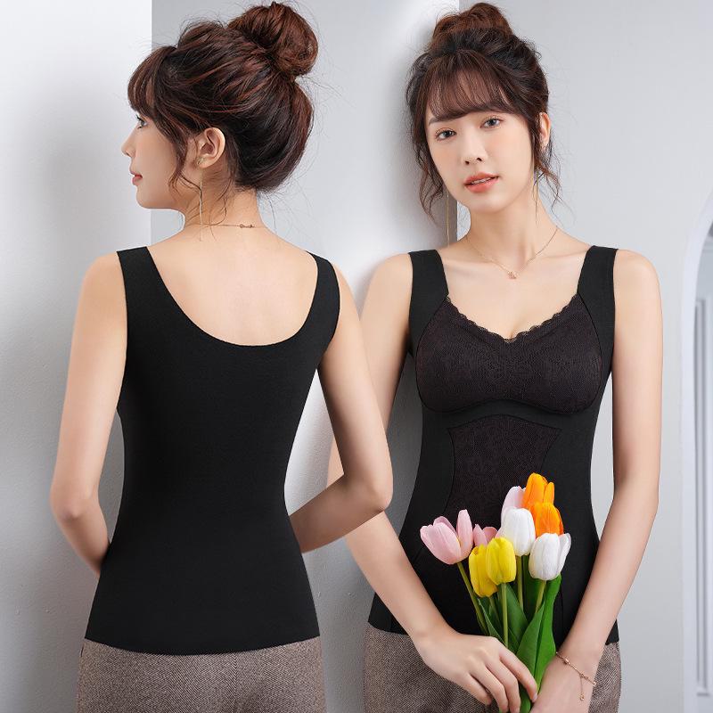 Ladies' Thermal Vest: Double-Sided Brushed Velvet, Seamless Lace, Chest Padding, Plus Size, Autumn/Winter Warmth