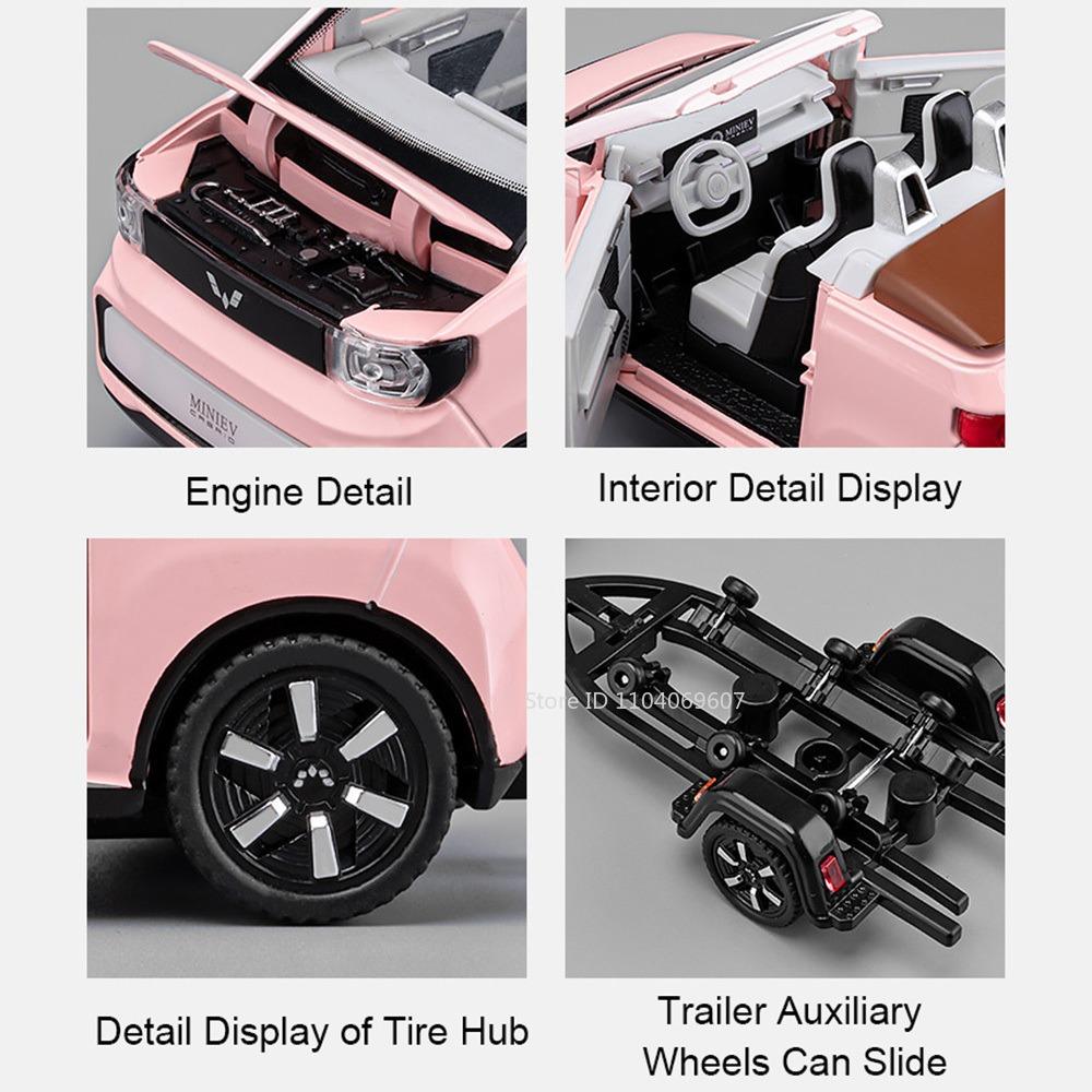 1:24 WuLing HongGuang Mini EV Car Toy Models with Motorboat Alloy Diecast Sound Light Doors Opened Pull Back for Children Gifts