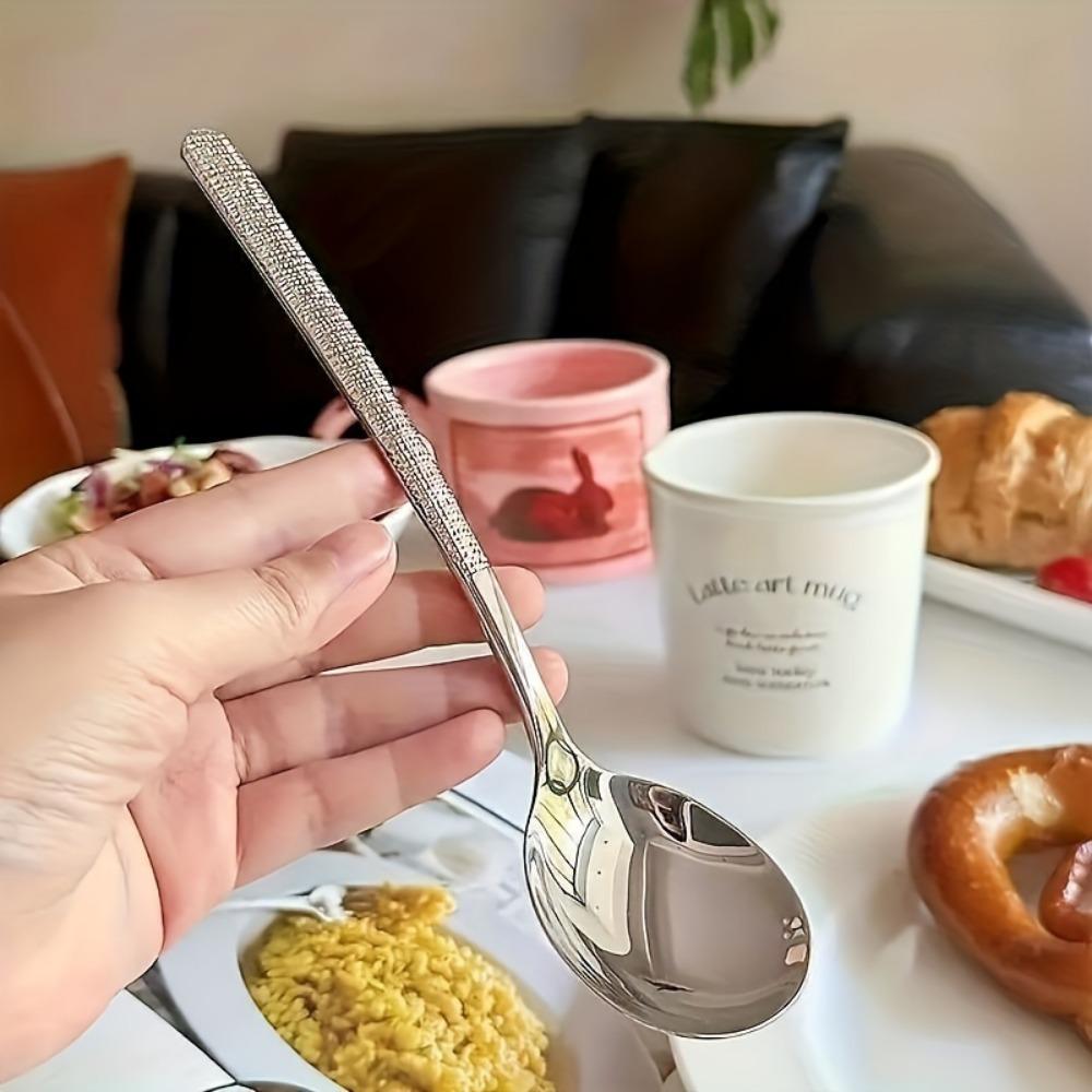 2 cuillères à long manche en acier inoxydable à motif de marteau, cuillère à soupe pour dessert et café, cuillère à tête ronde pour la maison, cuillère à soupe