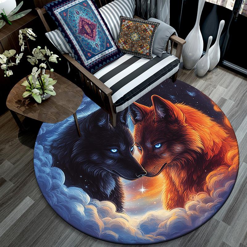 Fire and Ice Wolf Round Area Rug,Carpet Rug for Living Room Bedroom Sofa Playroom Decor,Non-slip Floor Mat
