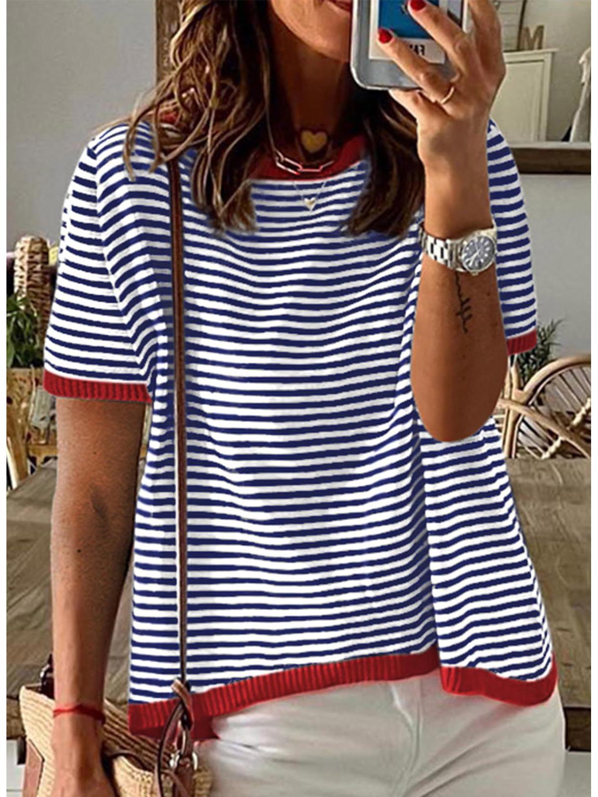 

2024 Полосатый контрастный вязаный свитер - европейский и американский стиль, короткий рукав, спущенное плечо S темно-синий