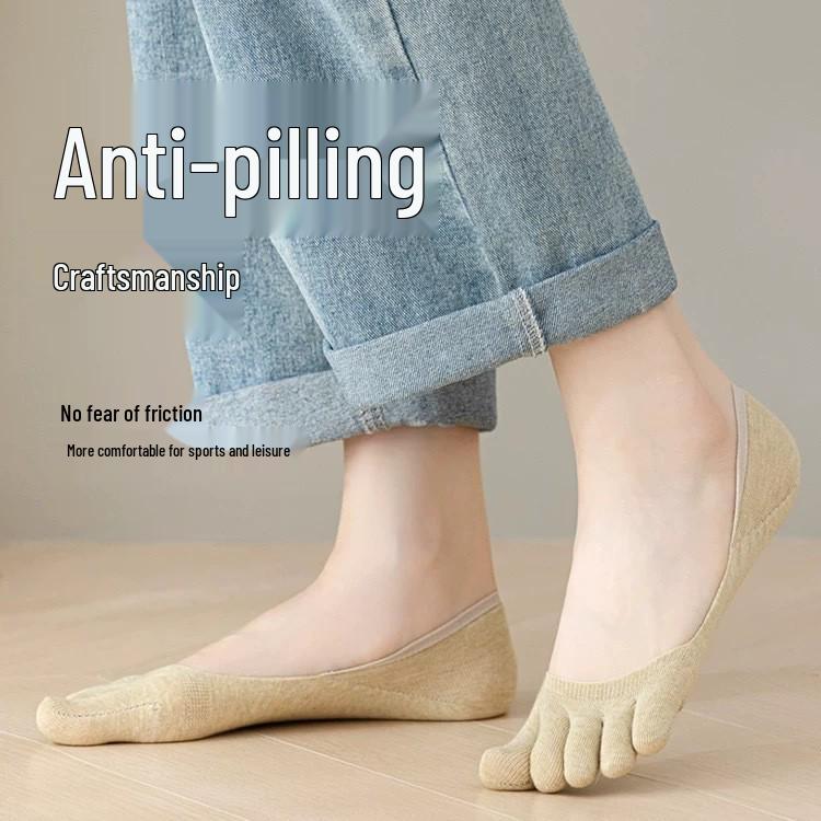 Damen Baumwoll Fünf-Finger Bootssocken: Sommer Dünn, Geruchshemmend, Fersenhaltend, Tief geschnitten, Nahtlos, Unsichtbare Zehensocken.