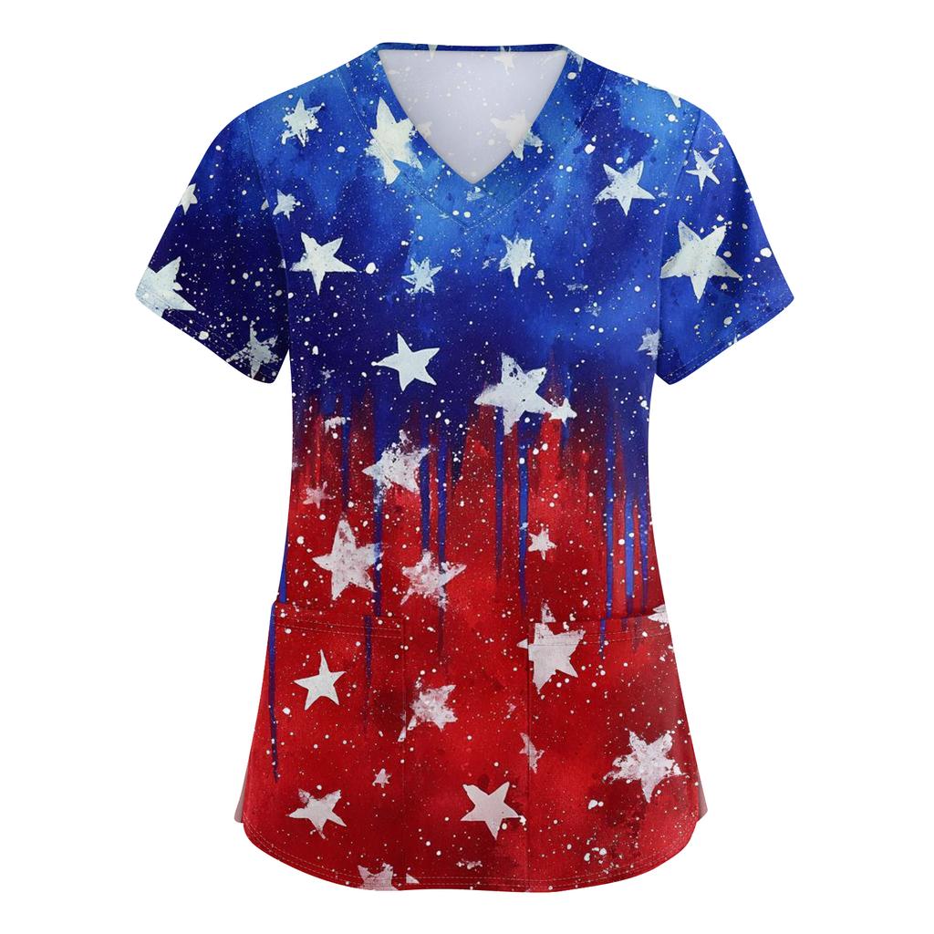 Damen V-Ausschnitt Unabhängigkeitstag Aufdruck Kurzarm Tasche Seitenöffnung Schutzkleidung Arbeitshemd