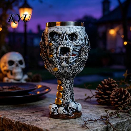 Retro Resin Drinking Chalice Horrible Stainless Steel Skull Goblet, Skeletal Wine Gothic Goblet Cocktail Glasses, Vintage Whiskey Cup for Halloween