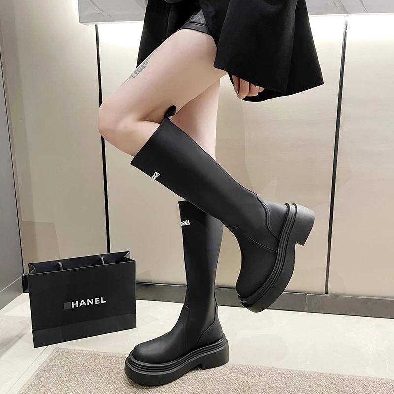 2024 Autumn New Vintage Long Boots Women's Petite Raised Heel Polyester Lining Rubber Upper Retro Style Boots For Ladies