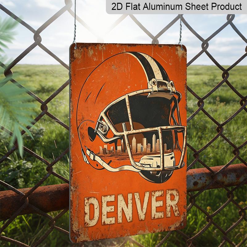 2D Flat Denver Football Helmet City Skyline Metal Sign Sports Wall Decor Durable Aluminum Material Man Cave, Sports Bar, Football Fan Room, Living