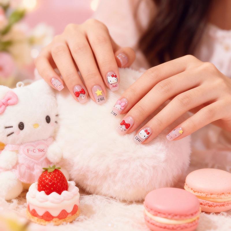 Charming Hello Kitty Nail Art Stickers: Cute Cartoon Designs with Bows & Stars