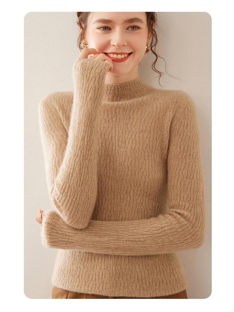 Women's Soft Cashmere Lychee-Pattern Knit Sweater - Half-High Collar, Slim-Fit, Perfect for Autumn and Winter Layers
