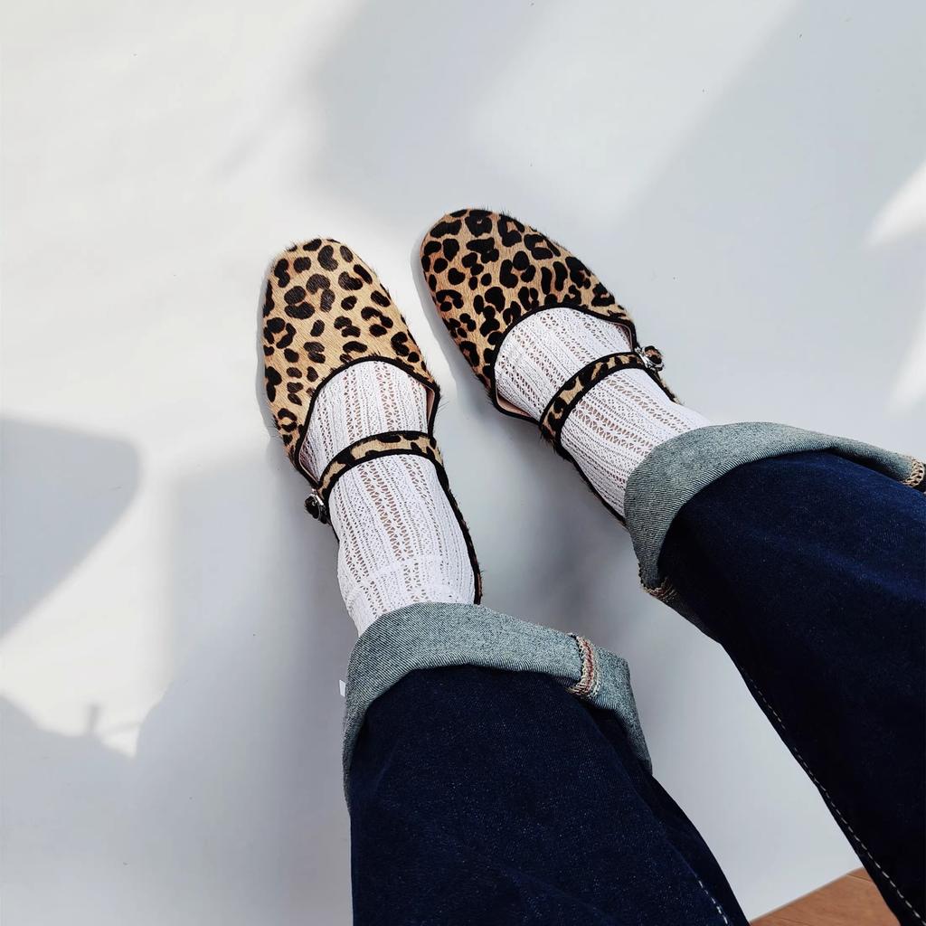 French retro fashion leopard print suede flat-soled single shoes 2025 new niche design round head low heel Mary Jane female