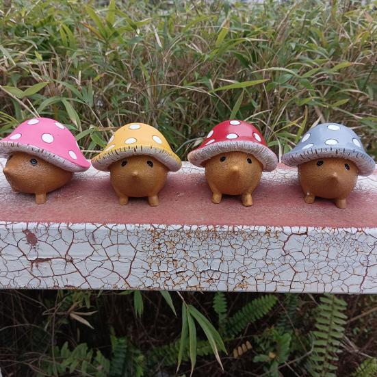 4 Stück/Set Garten Igel Statue Harz Igel mit Pilzkappe Wetterfeste Igel Figur für Feengarten Zuhause Terrasse Hof Dekoration