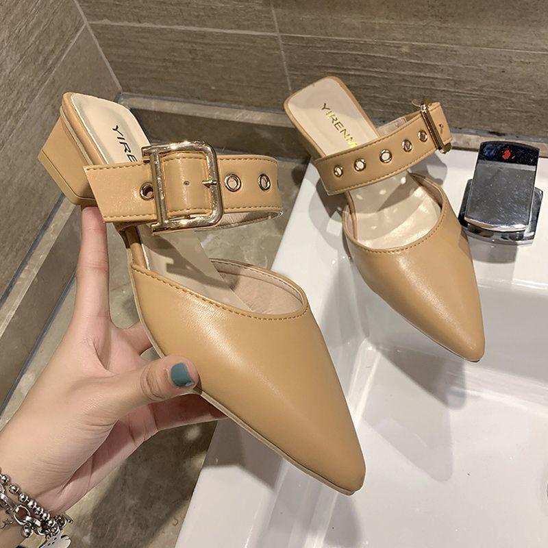 Pointed half slippers women's outer wear spring new versatile thick heel high heels bag head cool slippers